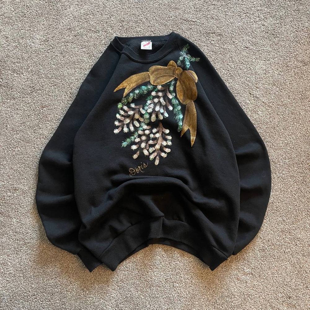 HANDPAINTED VTG 90s USA Jerzees Sweatshirt L Black Vintage Pinecone Hand Painted